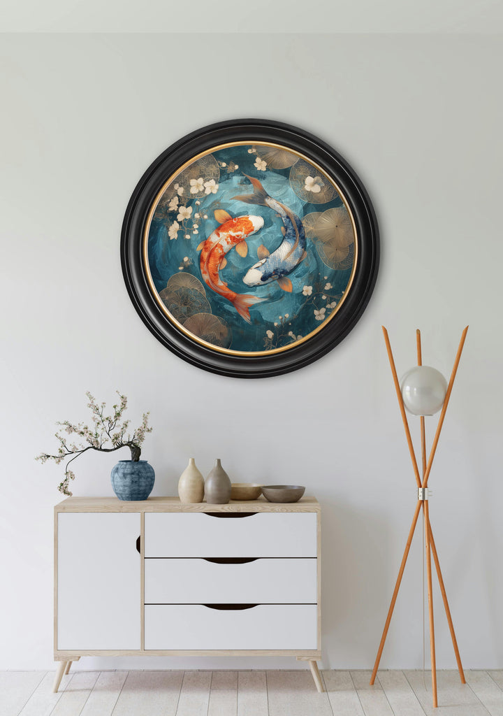 Japanese Koi Carps Dusk - Oxford Round Frame - TheArtistsQuarter