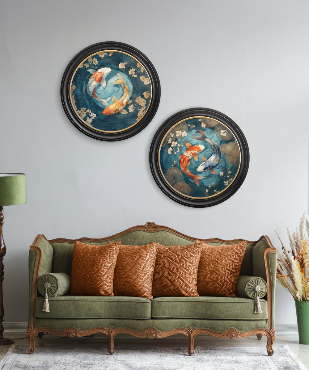 Japanese Koi Carps Dawn - Oxford Round Frame - TheArtistsQuarter