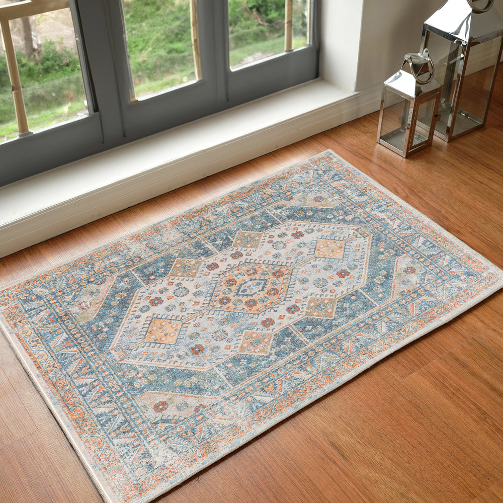 Lillian Traditional Washable Rug Blue & Oatmeal - TheArtistsQuarter