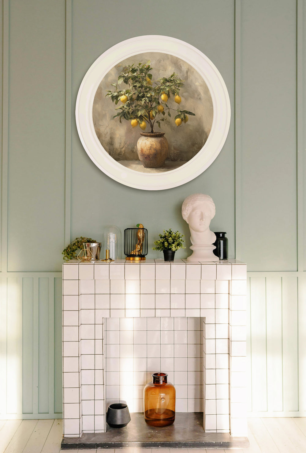 Mediterranean Lemon Tree - Oxford Strong White Round Frame - TheArtistsQuarter