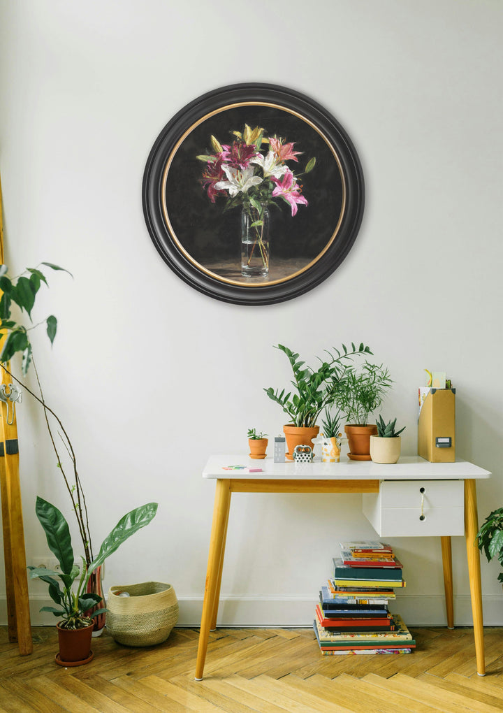 Lilies After Dark - Oxford Round Frame - TheArtistsQuarter