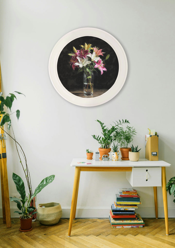 Lilies After Dark - Oxford Strong White Round Frame - TheArtistsQuarter