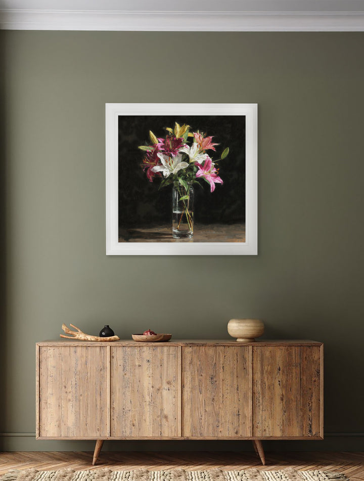 Lilies After Dark - White Hurstwood Square Frame - TheArtistsQuarter