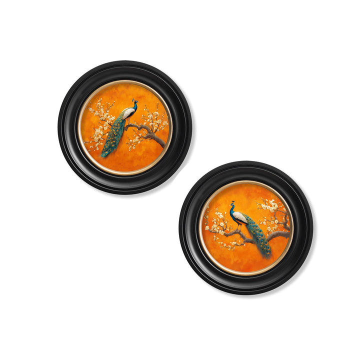 Peacocks In Saffron Garden - Oxford Round Frame - TheArtistsQuarter