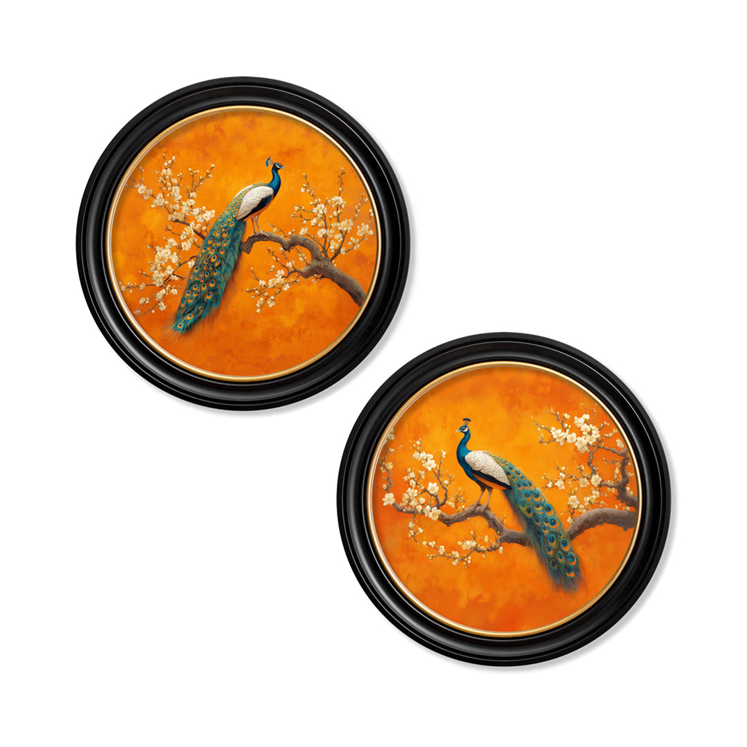 Peacocks In Saffron Garden - Oxford Round Frame - TheArtistsQuarter