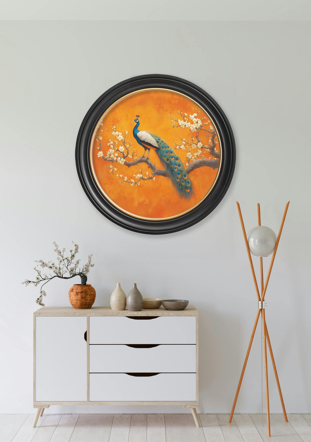 Peacocks In Saffron Garden - Oxford Round Frame - TheArtistsQuarter