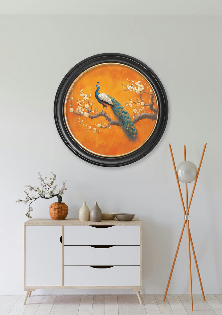 Peacocks In Saffron Garden - Oxford Round Frame - TheArtistsQuarter