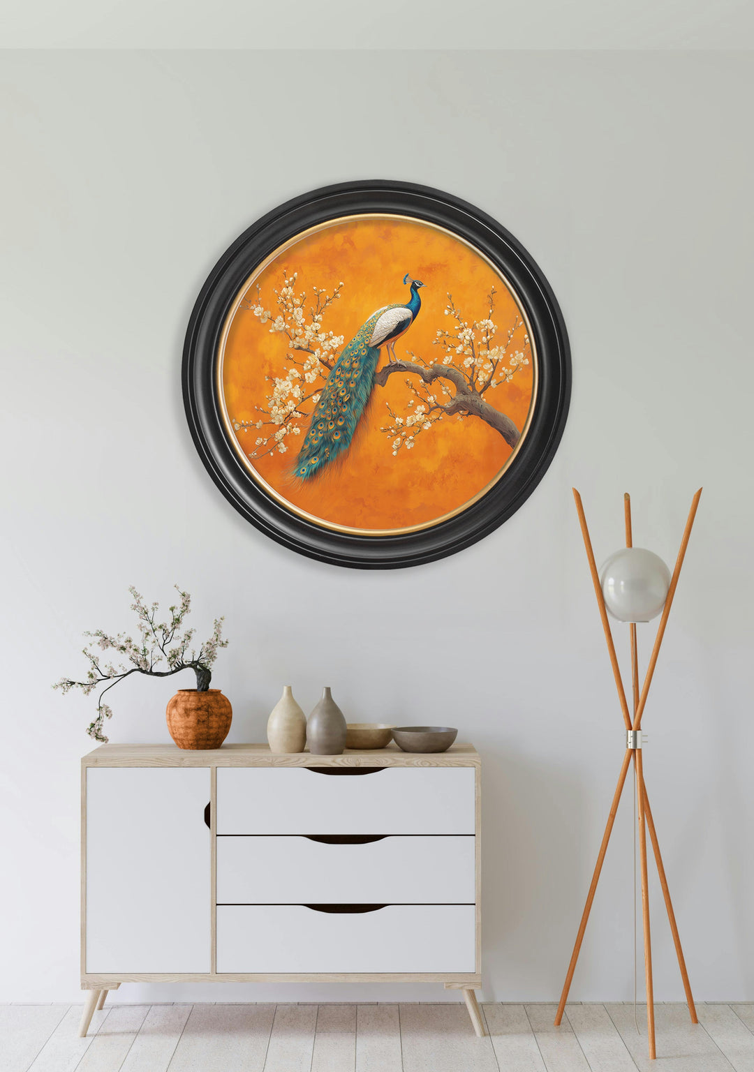 Peacocks In Saffron Garden - Oxford Round Frame - TheArtistsQuarter