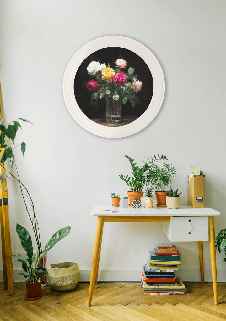 Roses After Dark - Oxford Strong White Round Frame - TheArtistsQuarter