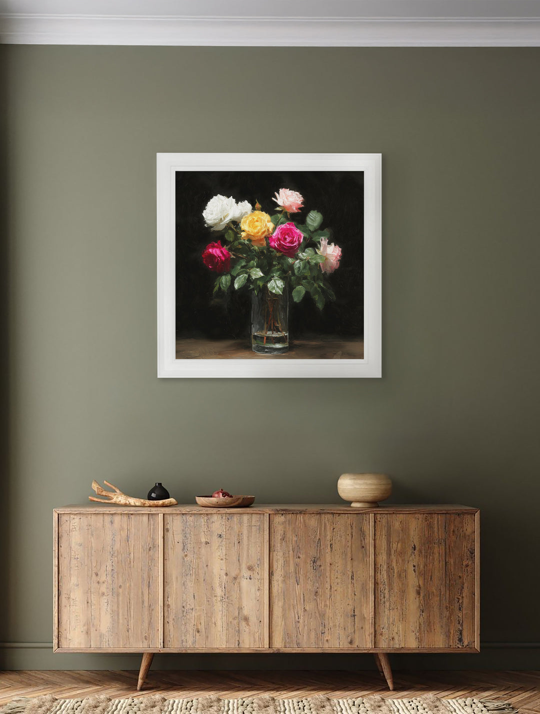 Roses After Dark - White Hurstwood Square Frame - TheArtistsQuarter