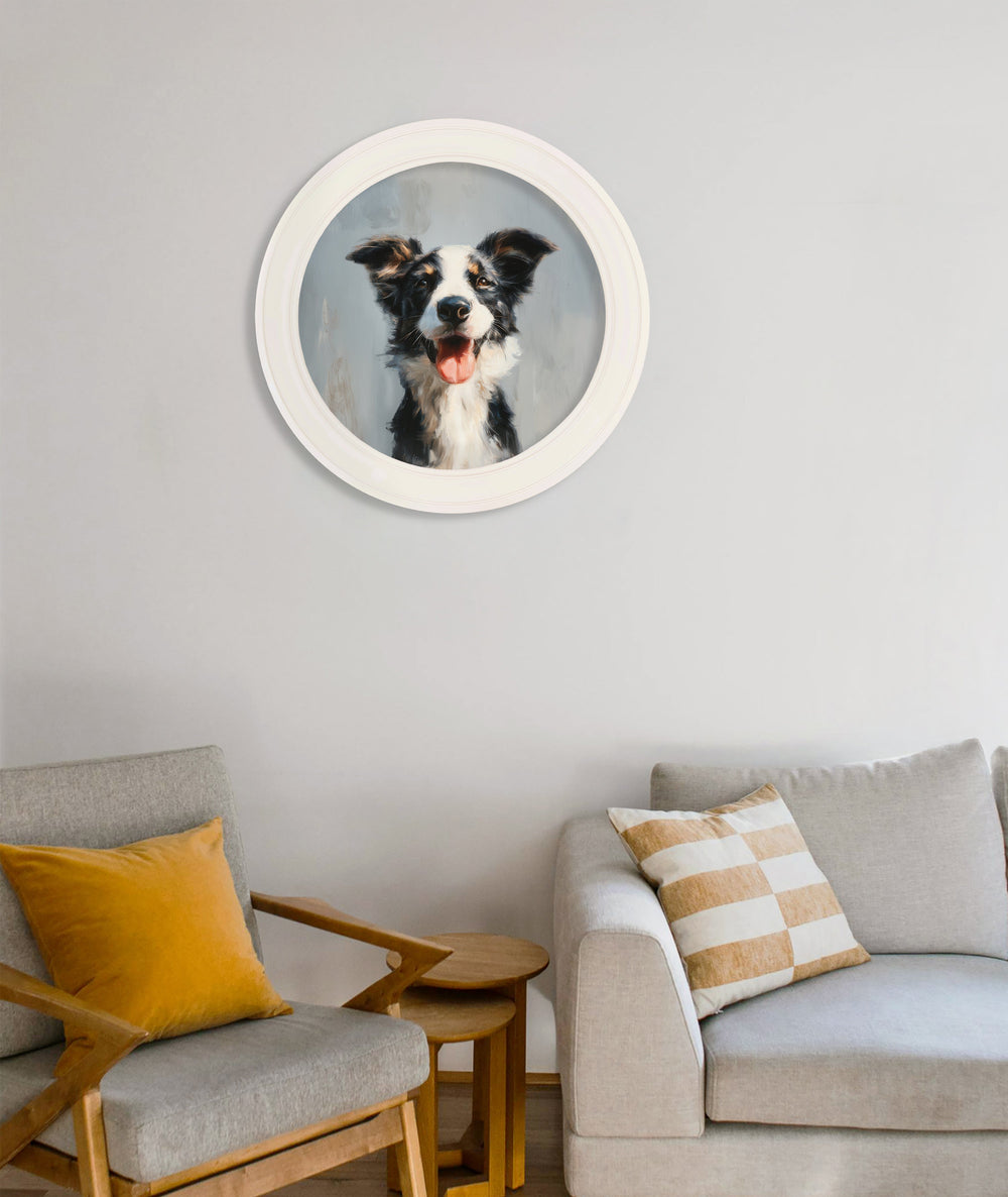The Smiley Sheepdog - Oxford Strong White Round Frame - TheArtistsQuarter