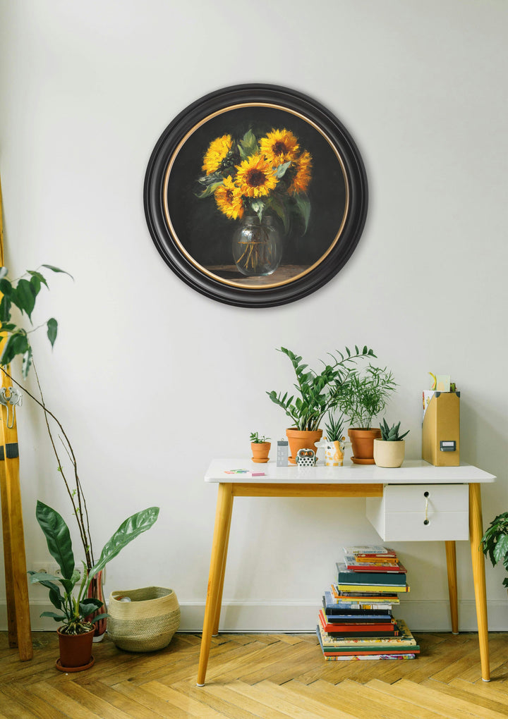 Sunflowers After Dark - Oxford Round Frame - TheArtistsQuarter