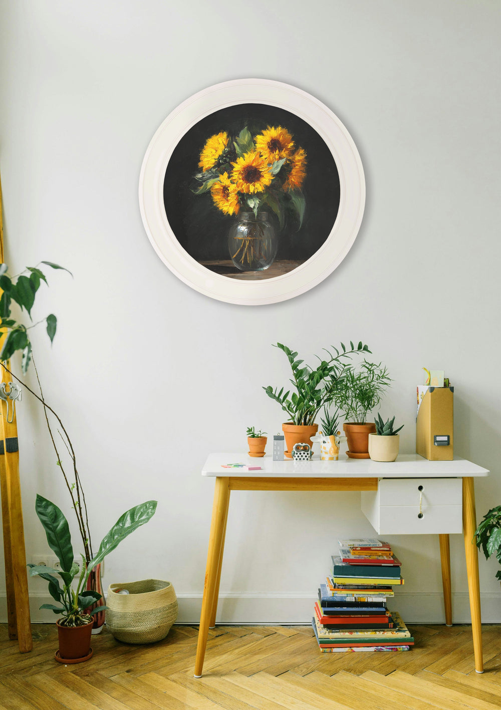 Sunflowers After Dark - Oxford Strong White Round Frame - TheArtistsQuarter
