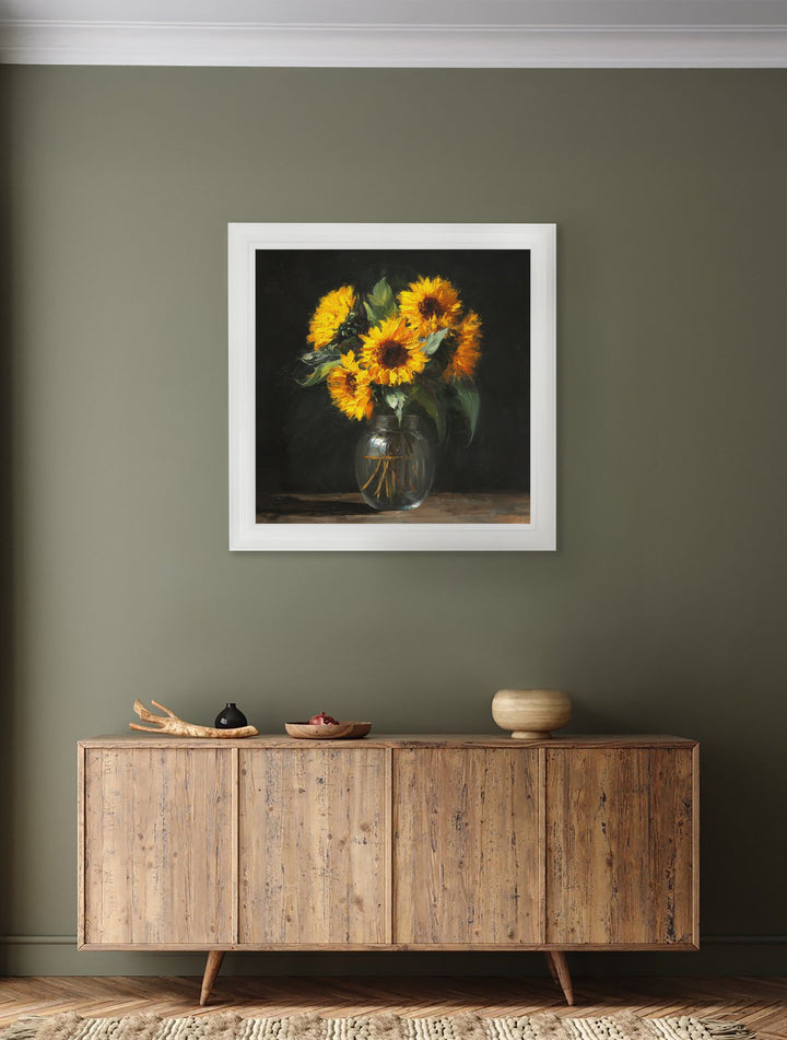 Sunflowers After Dark - White Hurstwood Square Frame - TheArtistsQuarter