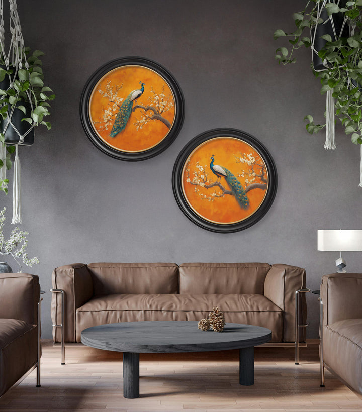 Peacocks In Saffron Garden - Oxford Round Frame - TheArtistsQuarter