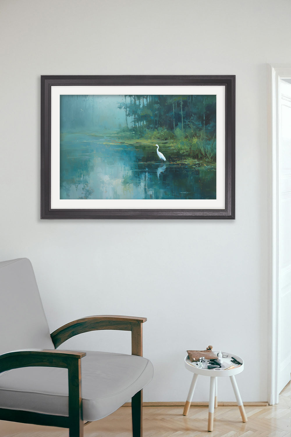 Misty Lake Great Egret - Black Hurstwood Frame - TheArtistsQuarter
