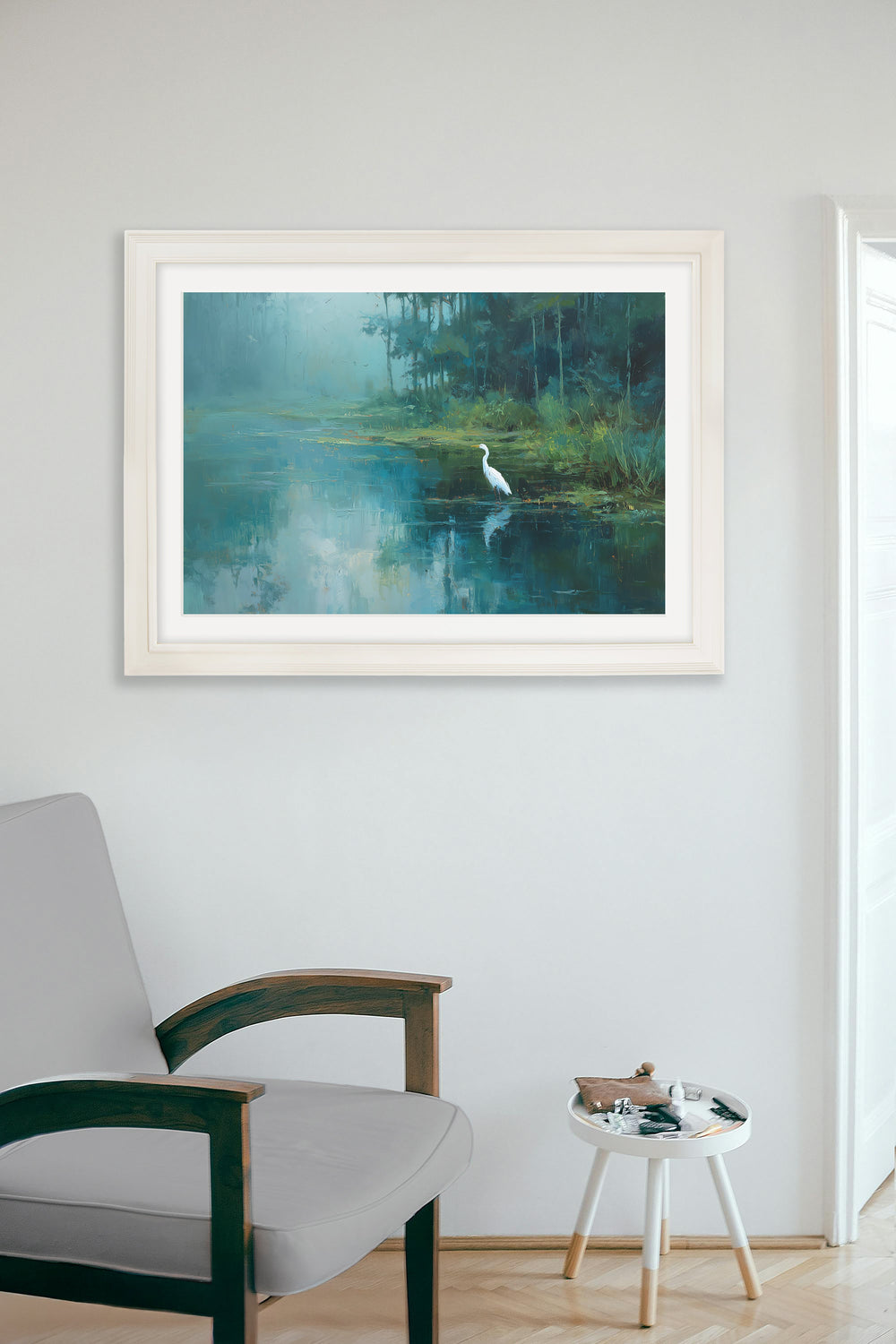 Misty Lake Great Egret - Cream Hurstwood Frame - TheArtistsQuarter