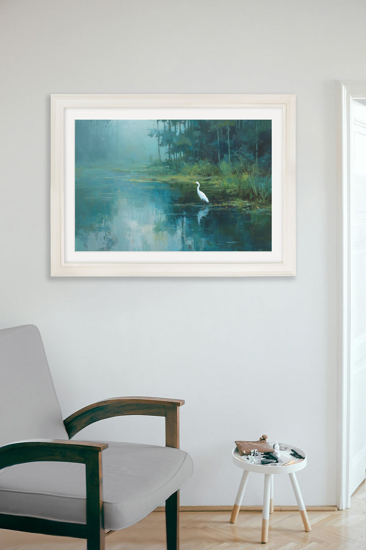 Misty Lake Great Egret - Cream Hurstwood Frame - TheArtistsQuarter
