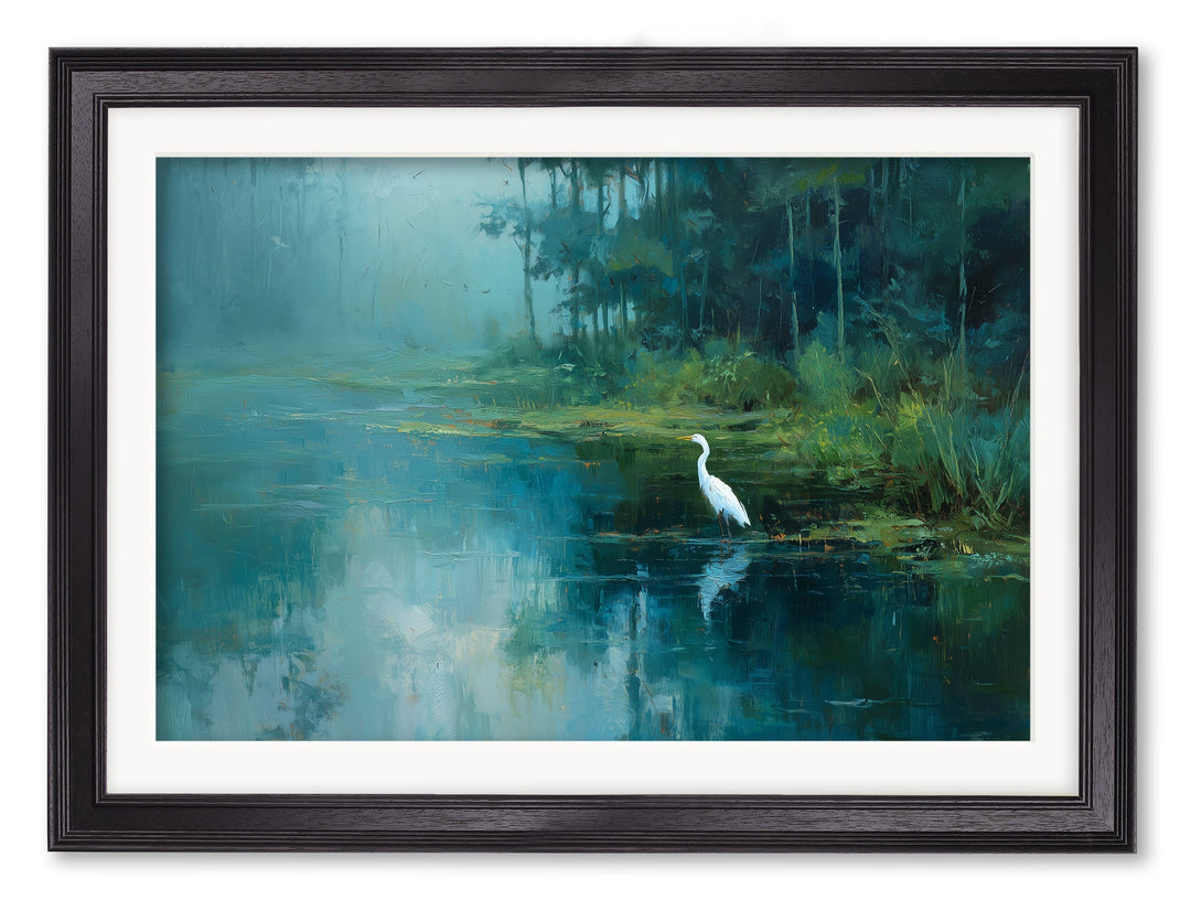 Misty Lake Great Egret - Black Hurstwood Frame - TheArtistsQuarter
