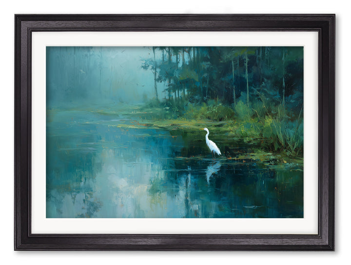 Misty Lake Great Egret - Black Hurstwood Frame - TheArtistsQuarter