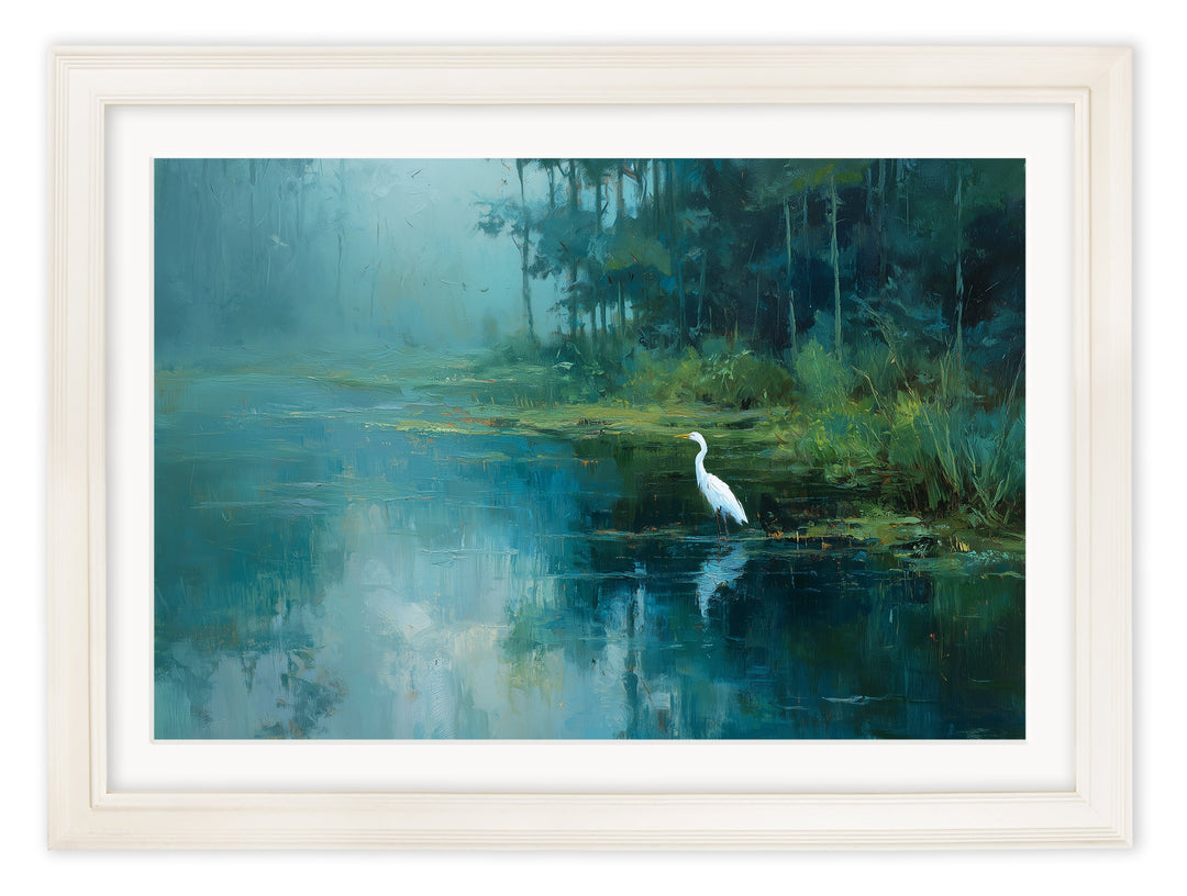 Misty Lake Great Egret - Cream Hurstwood Frame - TheArtistsQuarter