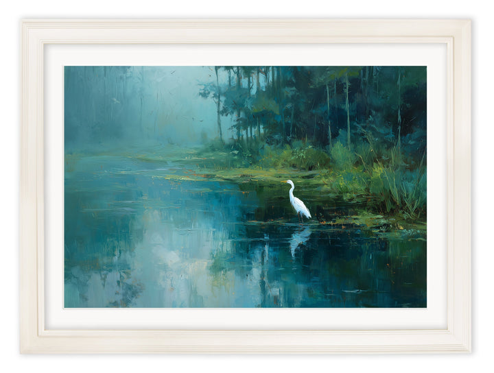 Misty Lake Great Egret - Cream Hurstwood Frame - TheArtistsQuarter