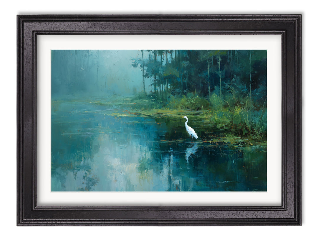Misty Lake Great Egret - Black Hurstwood Frame - TheArtistsQuarter