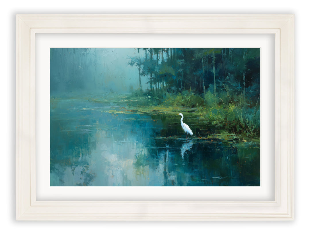 Misty Lake Great Egret - Cream Hurstwood Frame - TheArtistsQuarter