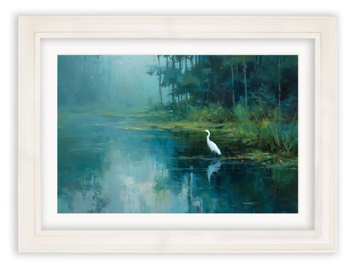 Misty Lake Great Egret - Cream Hurstwood Frame - TheArtistsQuarter