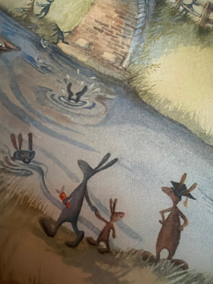 Carrot Cottage School by Catherine Stephenson – close-up of the hares by the river