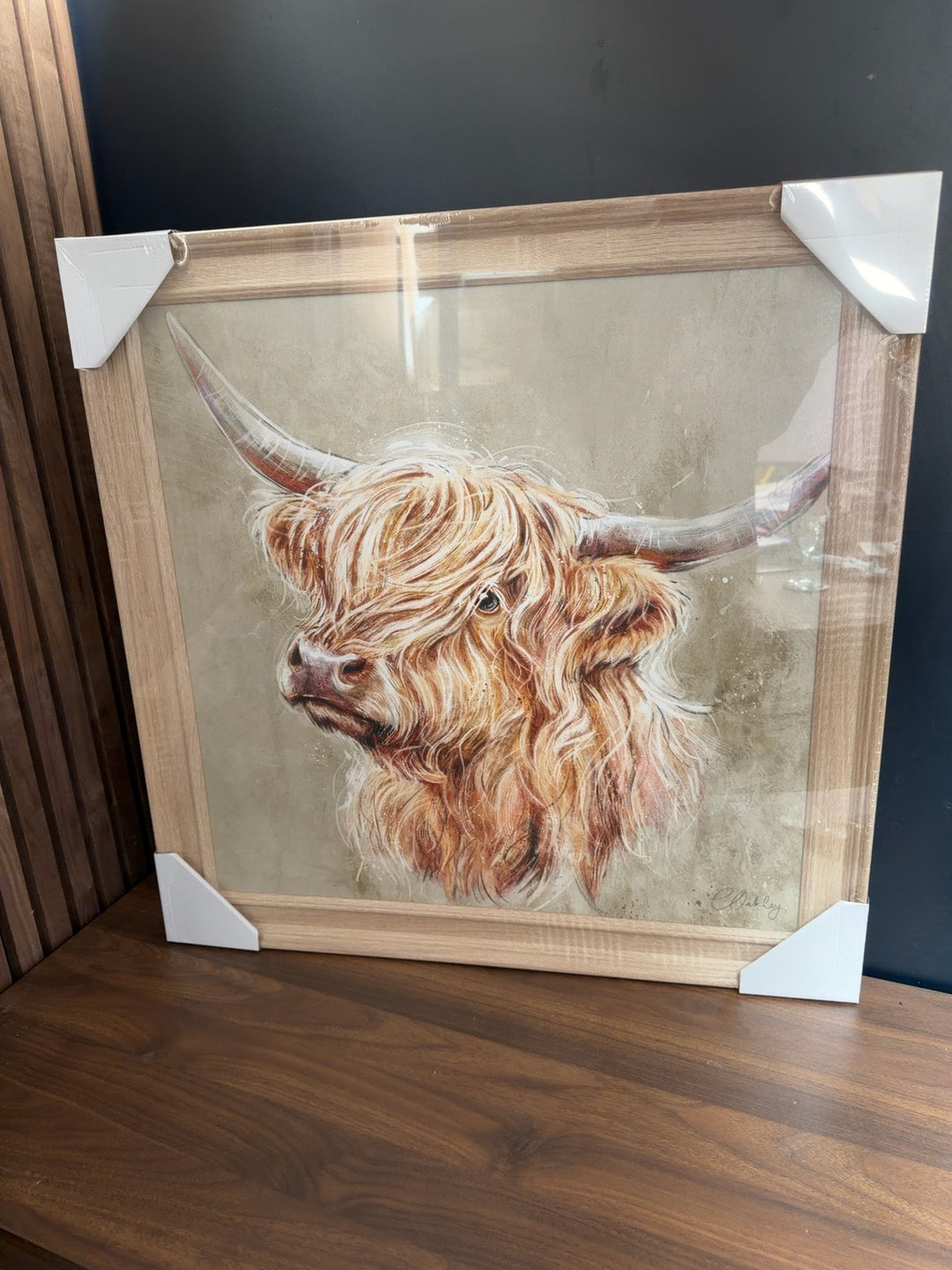 Highland Cow trial artwork by Charlotte Oakley in a natural wood-effect frame