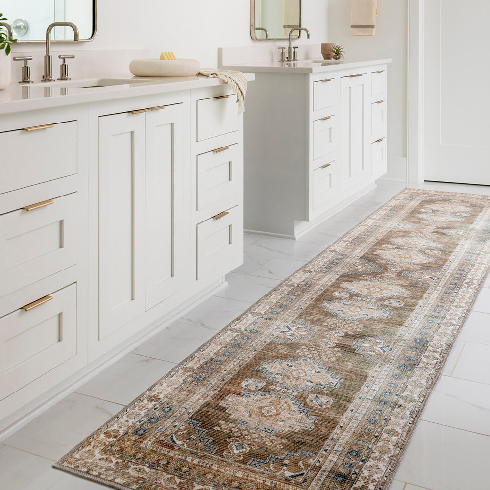 Colin Vintage Traditional Washable Runner Brown & Light Beige - TheArtistsQuarter