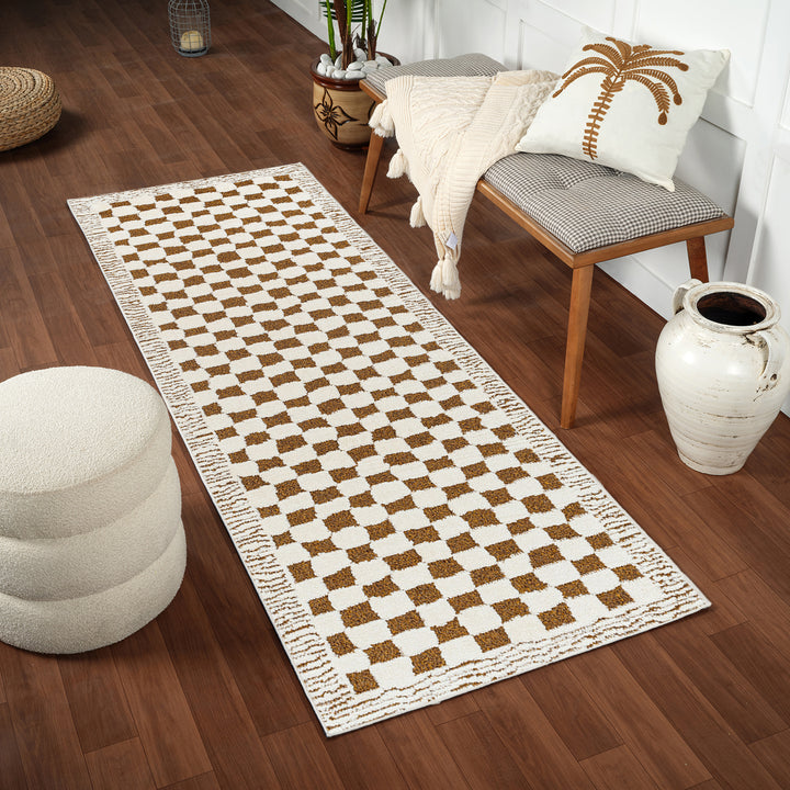 Freud Modern High Pile Checkered Runner Brown - TheArtistsQuarter