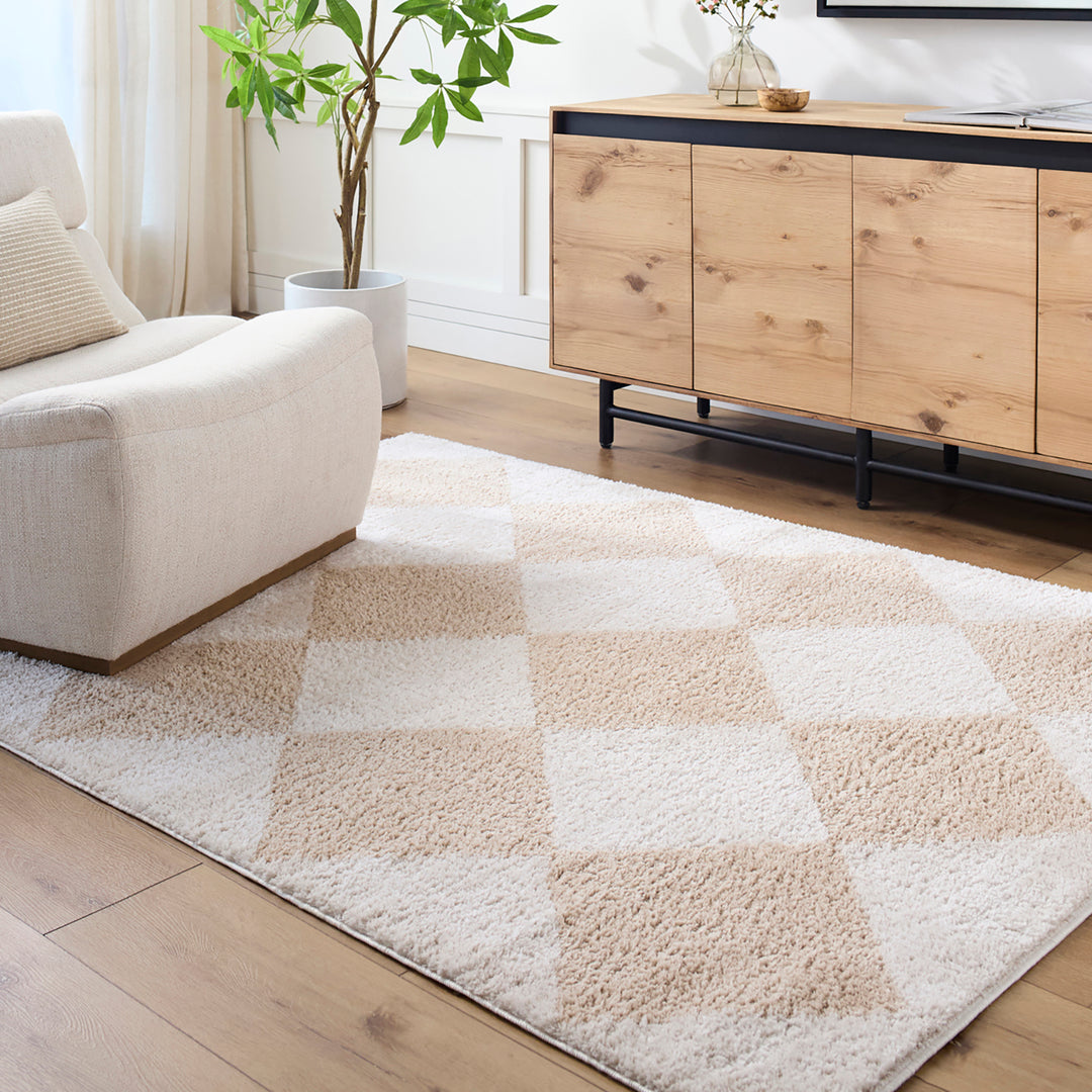Fossay Washable Diamond Shaggy Rug Beige - TheArtistsQuarter