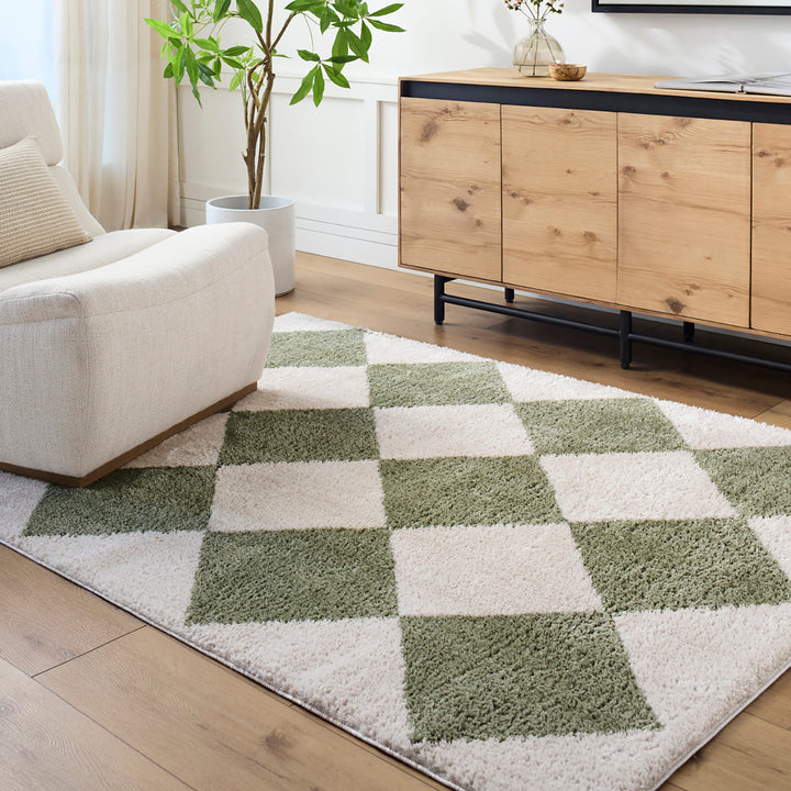 Fossay Washable Diamond Shaggy Rug Green - TheArtistsQuarter