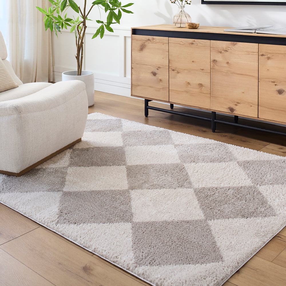 Fossay Washable Diamond Shaggy Rug Grey - TheArtistsQuarter