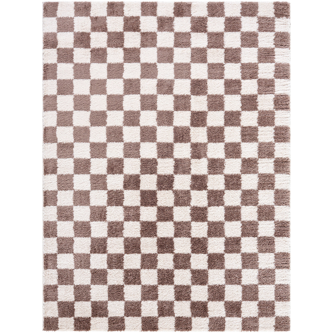 Fossay Washable Checkered Shaggy Rug Brown - TheArtistsQuarter