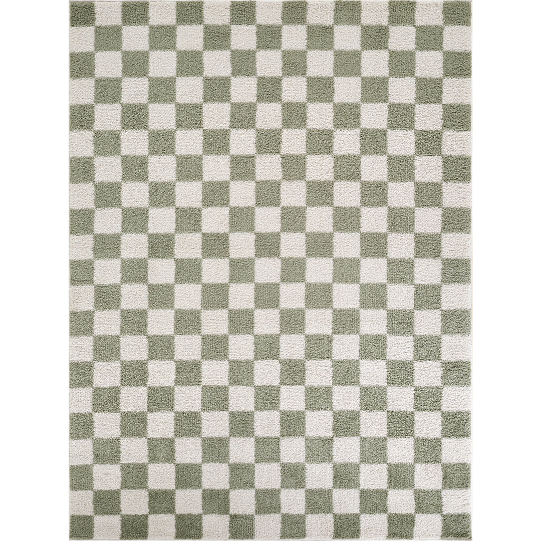 Fossay Washable Checkered Shaggy Rug Green - TheArtistsQuarter