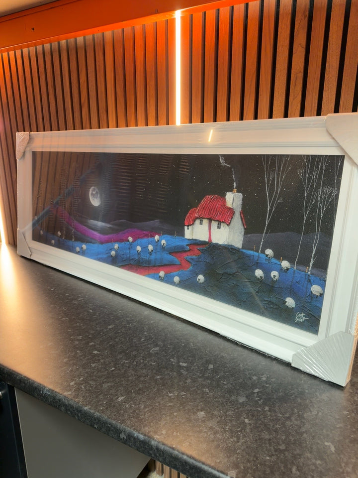 Geoff Beckett moonlit cottage and sheep trial piece 132cm by 50cm