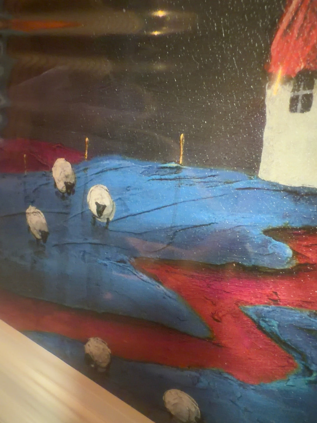 Close-up detail of sheep and textured landscape in Geoff Beckett trial piece