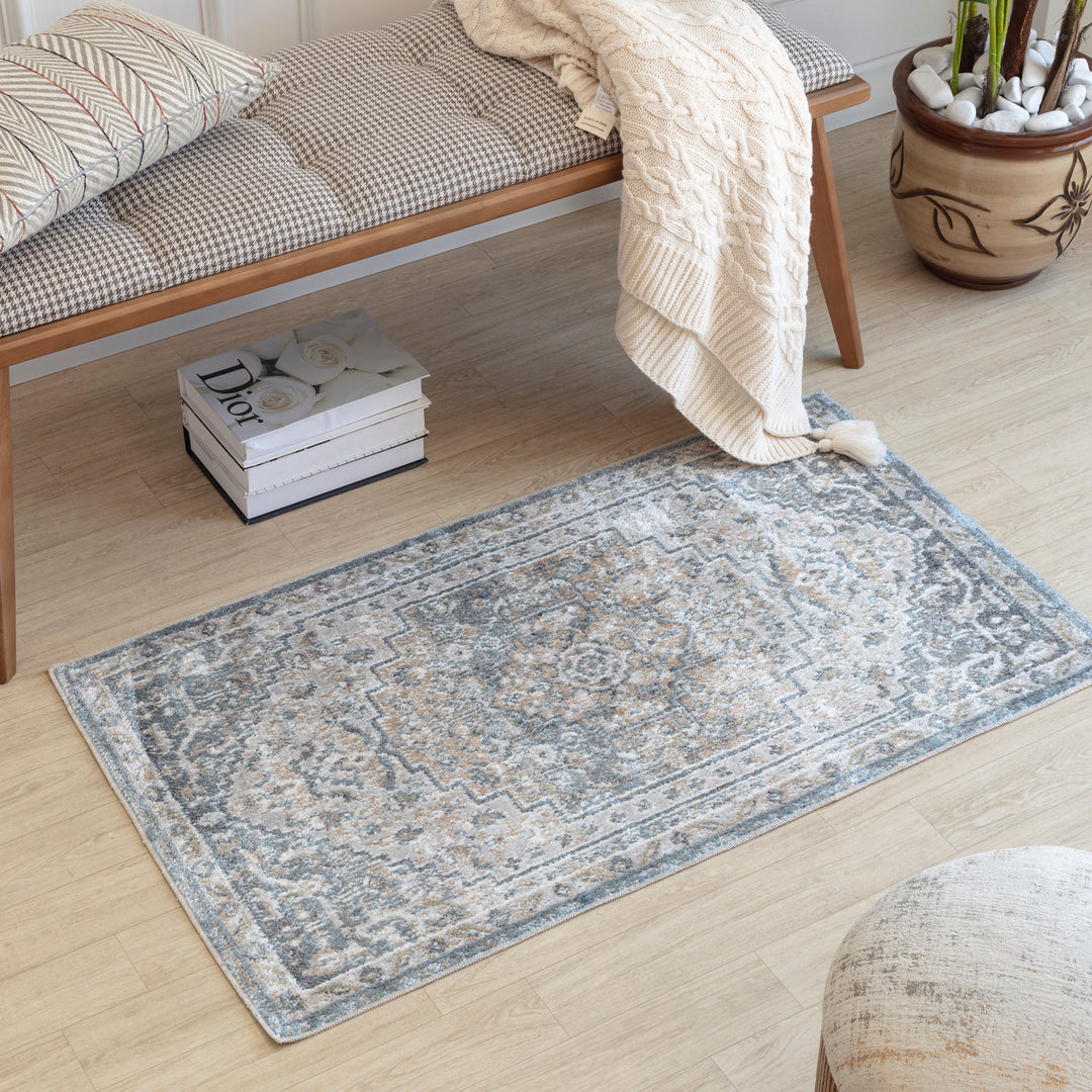 Lillian Traditional Washable Rug Blue & Off-White - TheArtistsQuarter