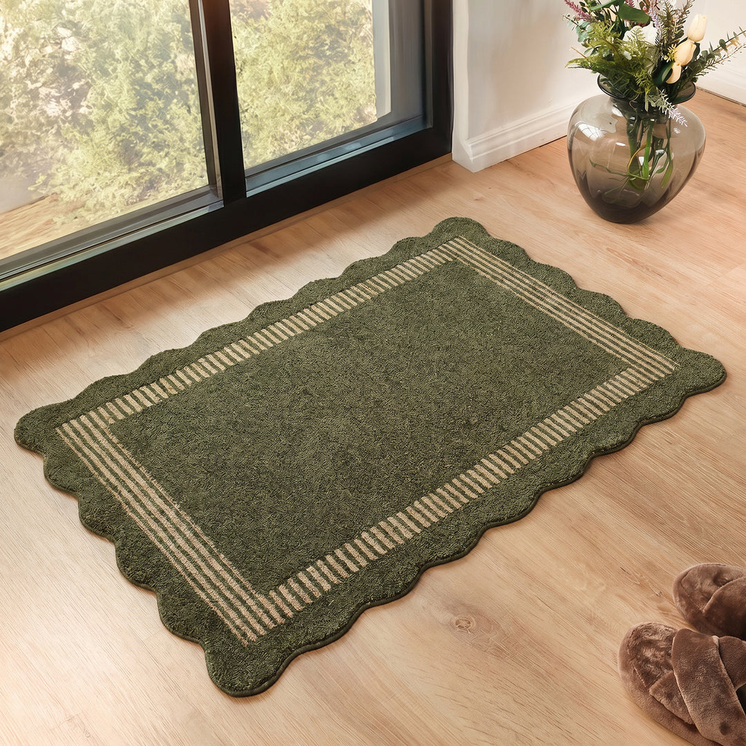 Scalloped Wool Rug Olive Green - TheArtistsQuarter