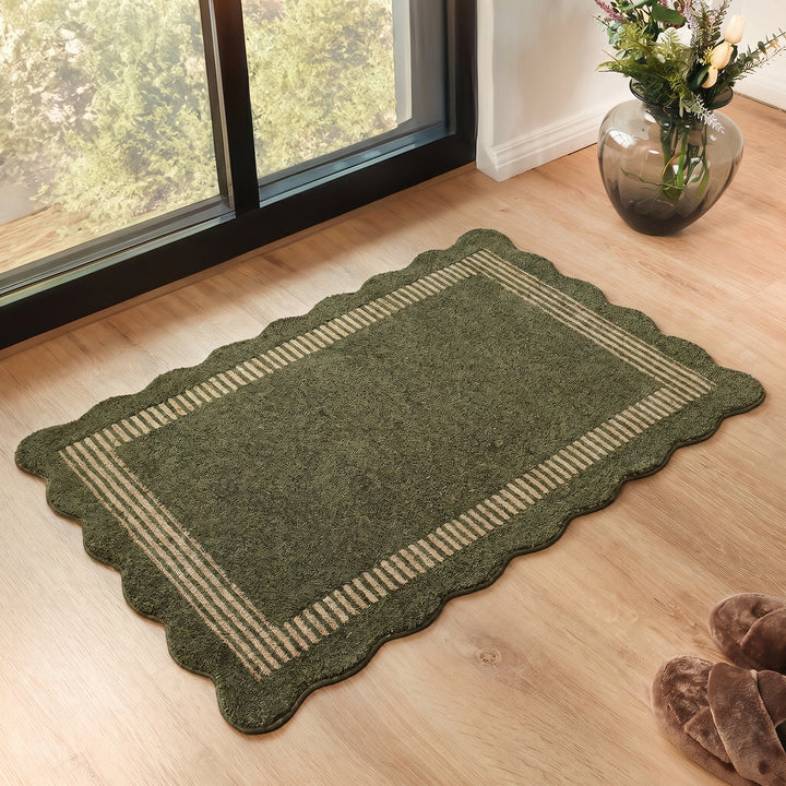Scalloped Wool Rug Olive Green - TheArtistsQuarter