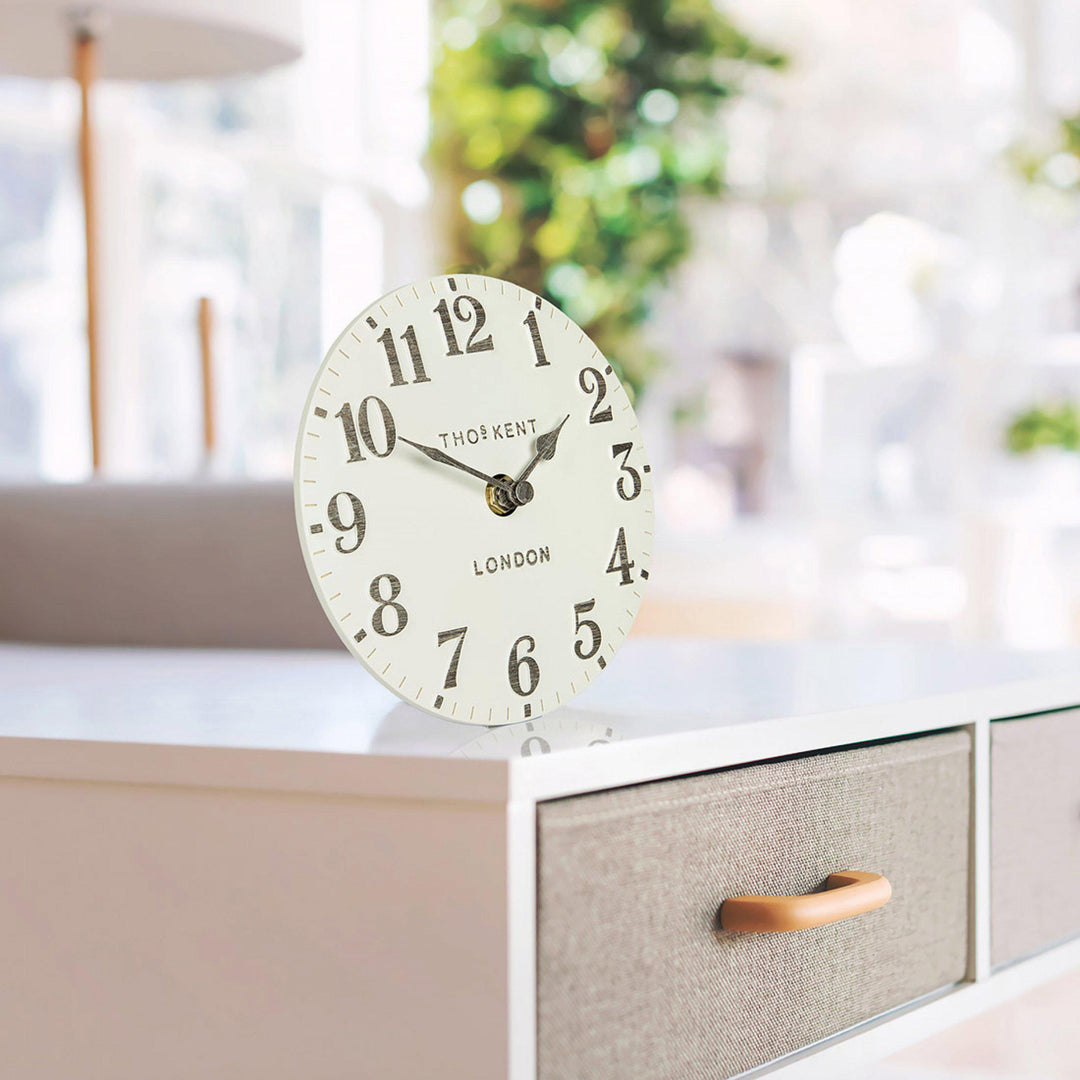 Thomas Kent London. Arabic Mantel Clock 6" (15cm) Limestone - TheArtistsQuarter