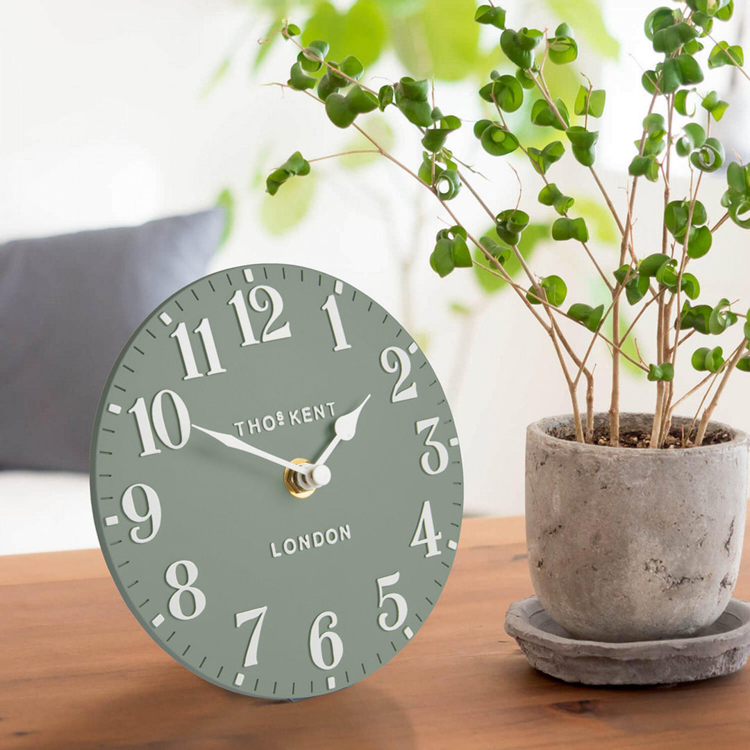 Thomas Kent London. Arabic Mantel Clock 6" (15cm) Seagrass - TheArtistsQuarter