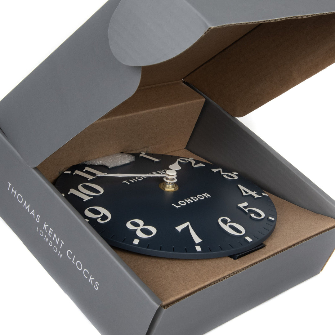 Thomas Kent London. Arabic Mantel Clock 6" (15cm) Ink Blue - TheArtistsQuarter