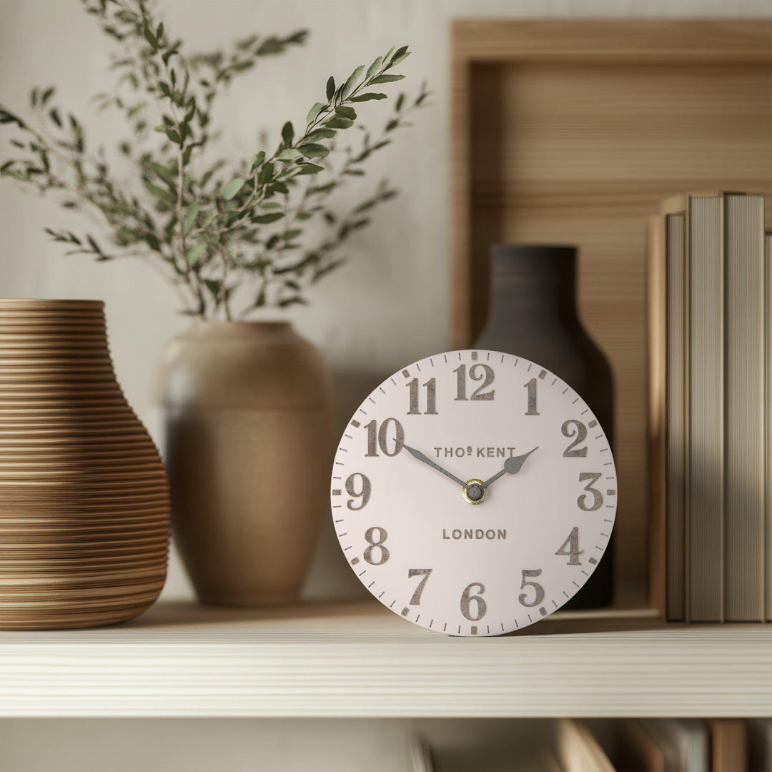 Thomas Kent London. Arabic Mantel Clock 6" (15cm) Shy Pink - TheArtistsQuarter