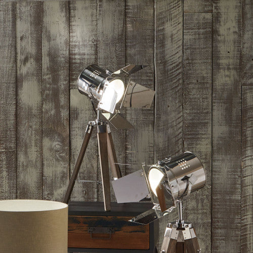 Hereford Grey Wood and Silver Metal Film Tripod Table Lamp - TheArtistsQuarter