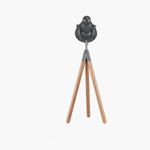 Larkin Grey Metal and Natural Wood Tripod Film Table Lamp - TheArtistsQuarter