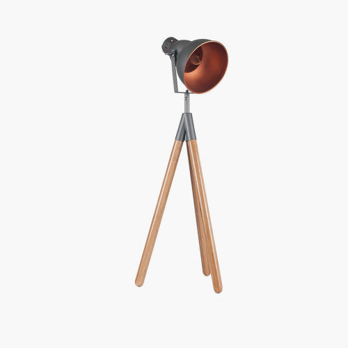 Larkin Grey Metal and Natural Wood Tripod Film Table Lamp - TheArtistsQuarter